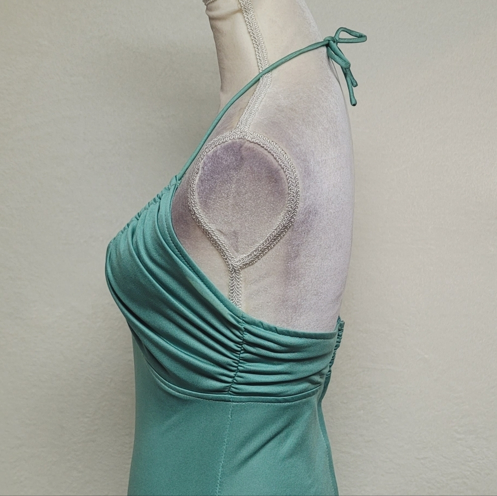 Infinity Vintage 60s Seafoam Green Stretchy Fabric Low Back Halter Maxi Dress - Picture 6 of 11